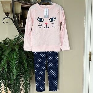 Brand New Carter’s 2-Piece Set Pink Kitty Cat Sweatshirt & Navy Heart Leggings